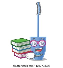 Student with book mascara brush on character dressing table