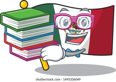Student with book mexico flag fluttering on cartoon pole