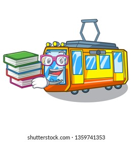 Student with book miniature electric train in cartoon shape