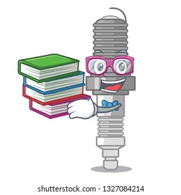 Student with book miniature spark plug in cartoon shape