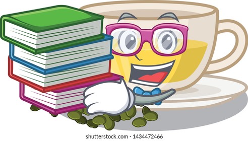 Student with book oolong tea above wood tables cartoon