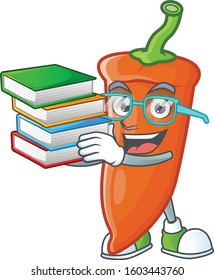Student with book orange chili on mascot cartoon character style