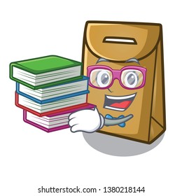 Student with book paper bag above the mascot chair