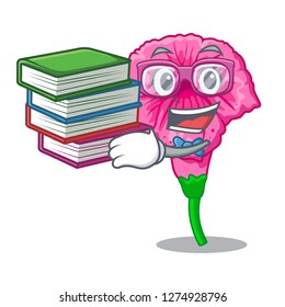 Student with book petunia in a mascot flower basket