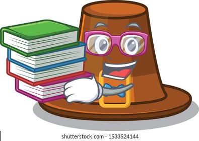 Student with book pilgrim hat on a cartoon table