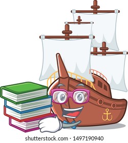 Student with book pirate ship with the cartoon shape