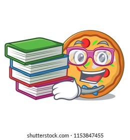 Student with book pizza mascot cartoon style