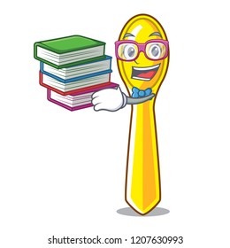 Student with book plastic kitchen spoon isolated on mascot