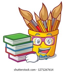 Student with book pot pencil in shape cartoon funny