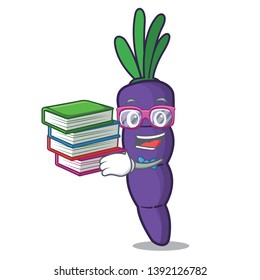Student with book purple carrot slices in cartoon shape