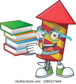 Student with book red stripes fireworks rocket mascot cartoon character style