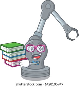 Student with book robotic arm machine above cartoon chair