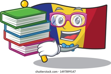 Student with book romanian flag hoisted on character pole