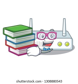 Student with book router placed on wooden cartoon table