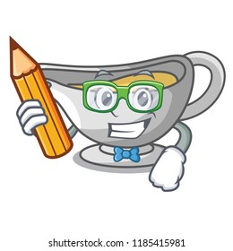 Student with book sauce boat cartoon with tasty cheese