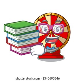 Student with book spinning wheel attached the cartoon wall