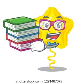 Student with book star balloon on wooden cartoon table