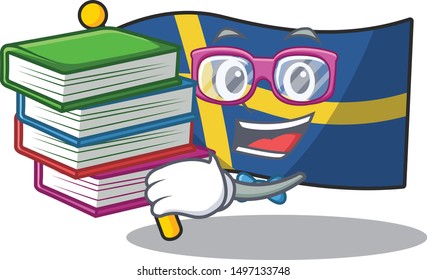 Student with book swede flags flutter on character pole