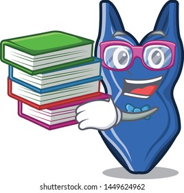 Student with book swimsit on a mascot wood table