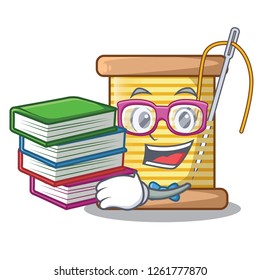 Student with book thread spool in a shape cartoon