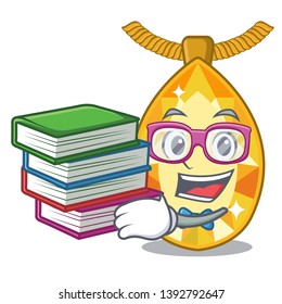 Student with book topaz jewelry above mascot glass table