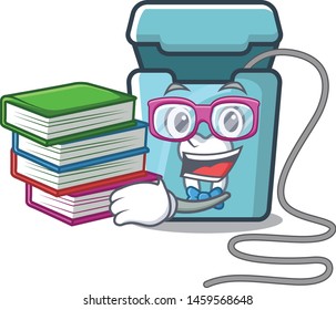 Student with book toy dental floss in a cartoon