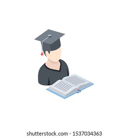 Student with a book. Vector 3d isometric, color web icon, new flat style. Creative illustration design, idea for infographics.
