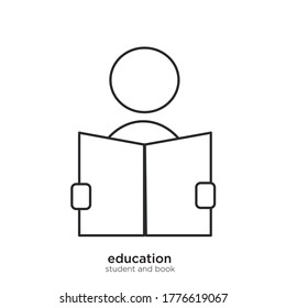 Diseño llenado y color lineal de ilustración vectorial del estudiante y del libro