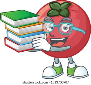 Student with book velvet apple mascot on white background.