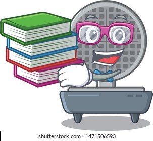 Student with book waffle iron above the table mascot