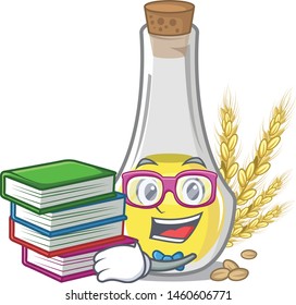 Student with book wheat germ oil at cartoon table