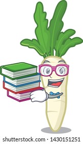 Student with book white radish in a cartoon fridge
