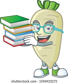 Student with book white radish on mascot cartoon character style