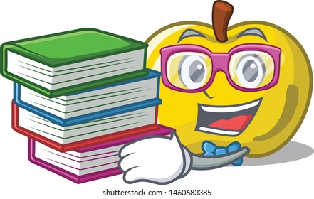 Student with book yellow apple in a cartoon basket