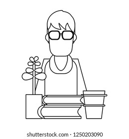 Student books coffee and bonsai black and white