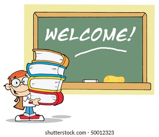 Student With Books In Front Of School Chalk Board With Text Welcome!