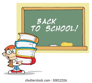 Student With Books In Front Of School Chalk Board With Back To School!