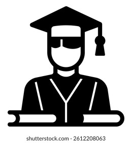 Student with books solid icon, education concept. Vector graphics. Gradueted man sign on white background, style mobile or design
