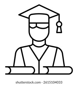 Student with books thin line icon, education concept. Vector graphics. Gradueted man sign on white background, linear style mobile or design