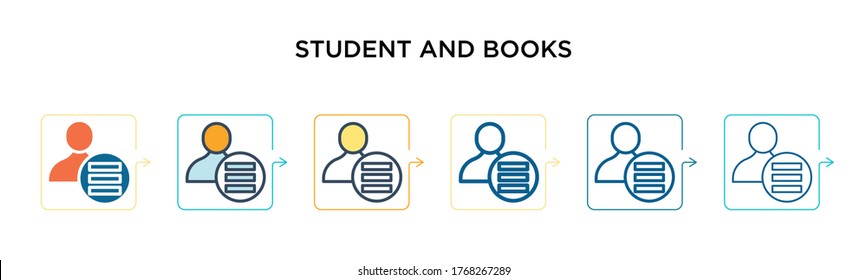 Student and books vector icon in 6 different modern styles. Black, two colored student and books icons designed in filled, outline, line and stroke style. Vector illustration can be used for web, 