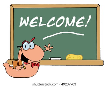 Student Bookworm By A Welcome Classroom Chalkboard