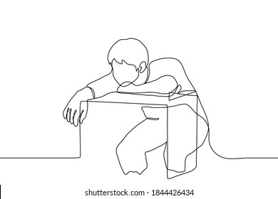 Student Is Bored At The Desk. One Line Drawing A Young Man (student) Sits At A Desk With His Torso On It. He Does Not Want To Study, Tired, Not Interested