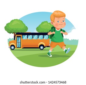 student boy with backpack walking out from bus at park vector illustration graphic design vector illustration graphic design