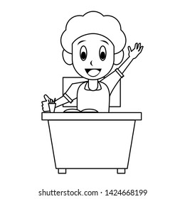 Student boy with books and pencils on desk cartoon vector illustration graphic design