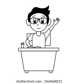 Student boy with books and pencils on desk cartoon vector illustration graphic design