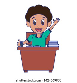 Student boy with books and pencils on desk cartoon vector illustration graphic design