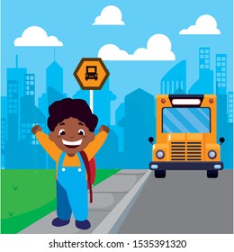 student boy at the bus stop with background city vector illustration design