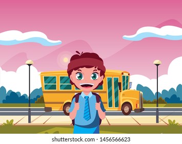 student boy and bus transport back to school