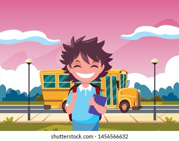 student boy and bus transport back to school