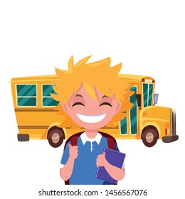 student boy and bus transport back to school